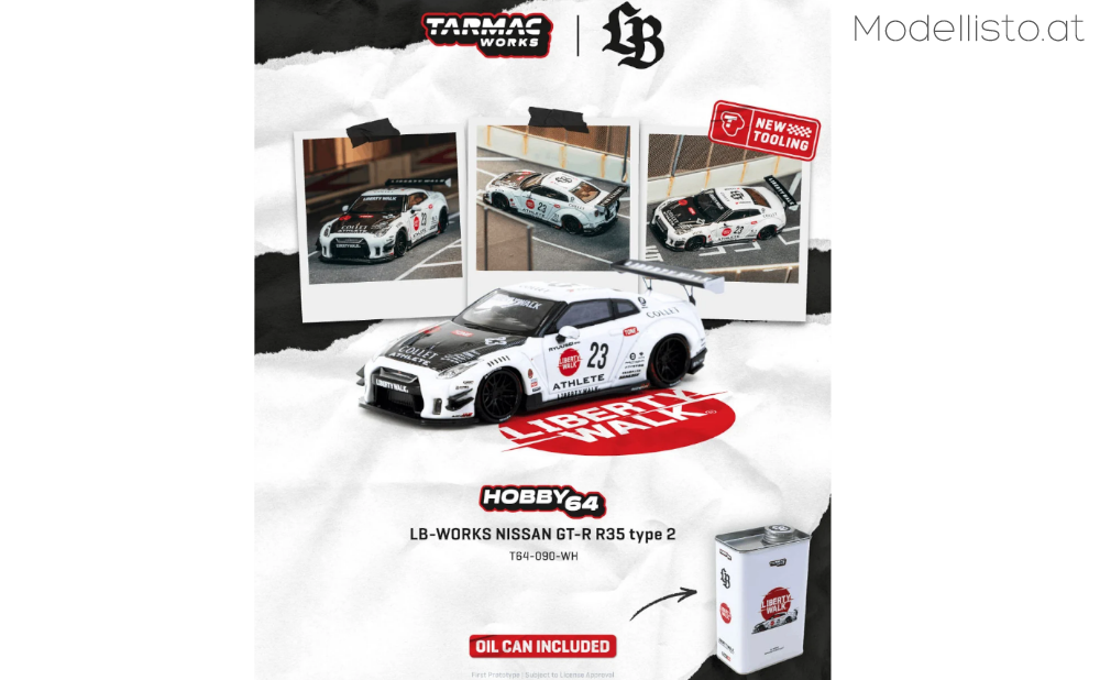 T64-090-WH Tarmac Works Nissan GT-R R35 Type 2 LB-Works Sammler Edition mit Ölkanne